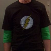 Sheldon wearing black Flash shirt