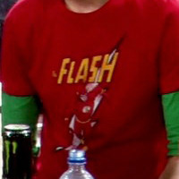 Sheldon wearing red Flash shirt